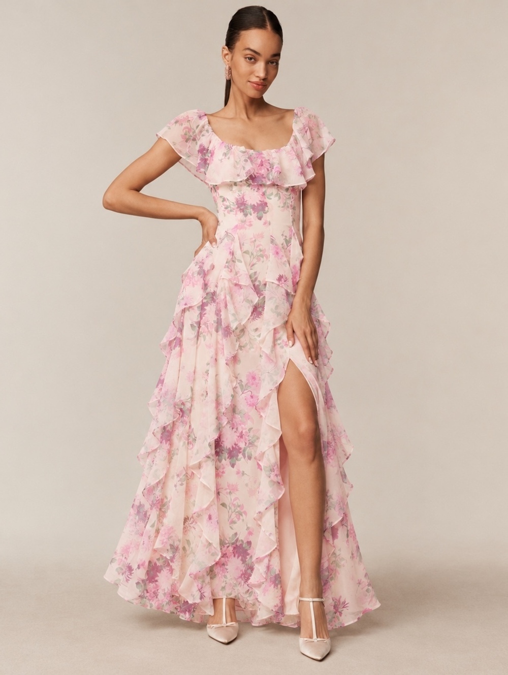 BHLDN Chiffon Maxi Dress Pink Floral Ruffle Wedding Guest Dress XS NWT